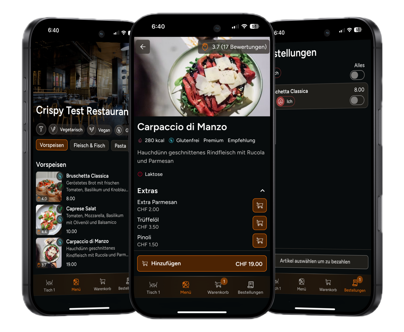 crispy App auf dem iPhone: Menü, Warenkorb und Bezahlung