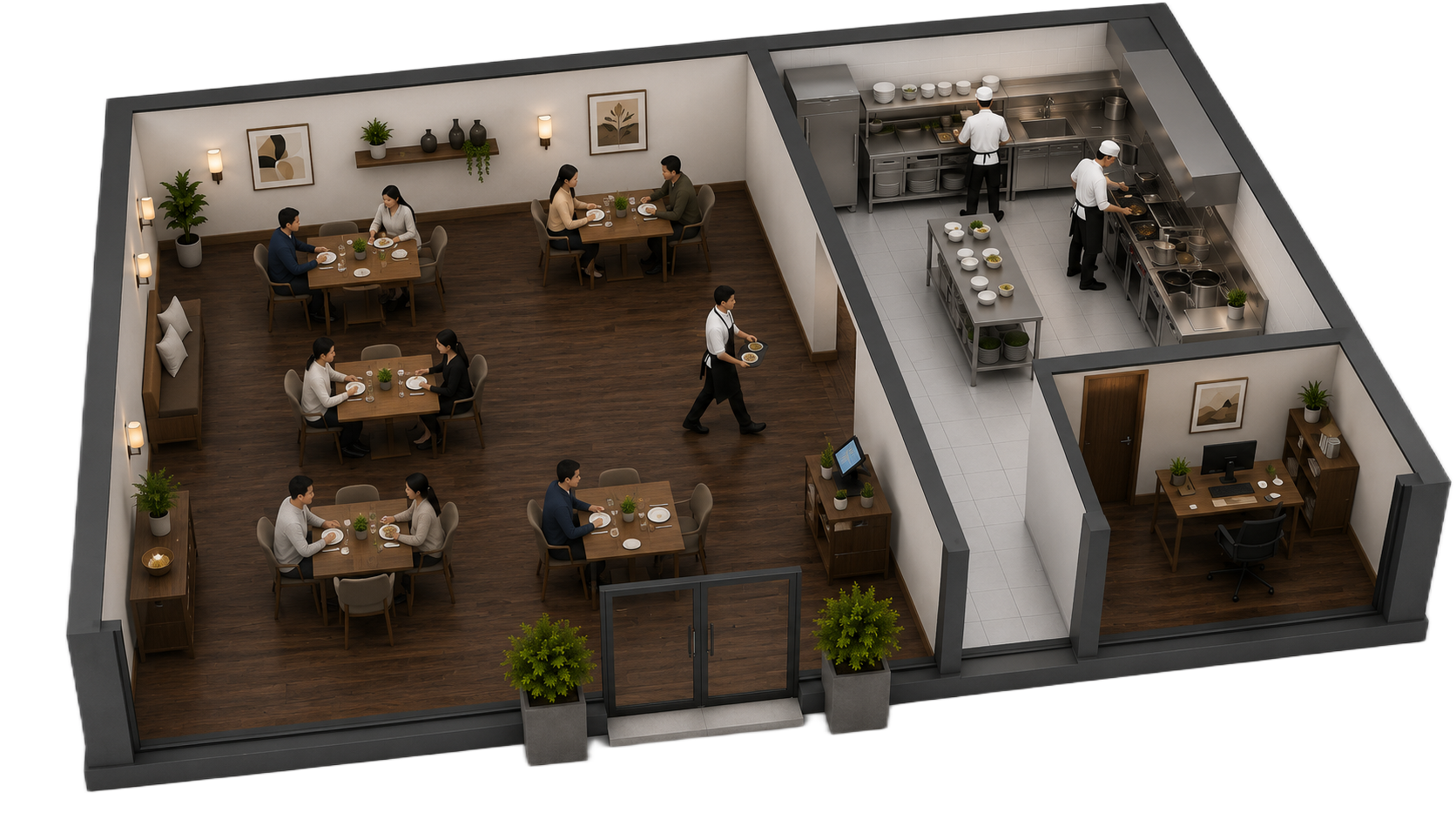 Grundriss eines Restaurants mit Gastraum, Service, Küche und Büro